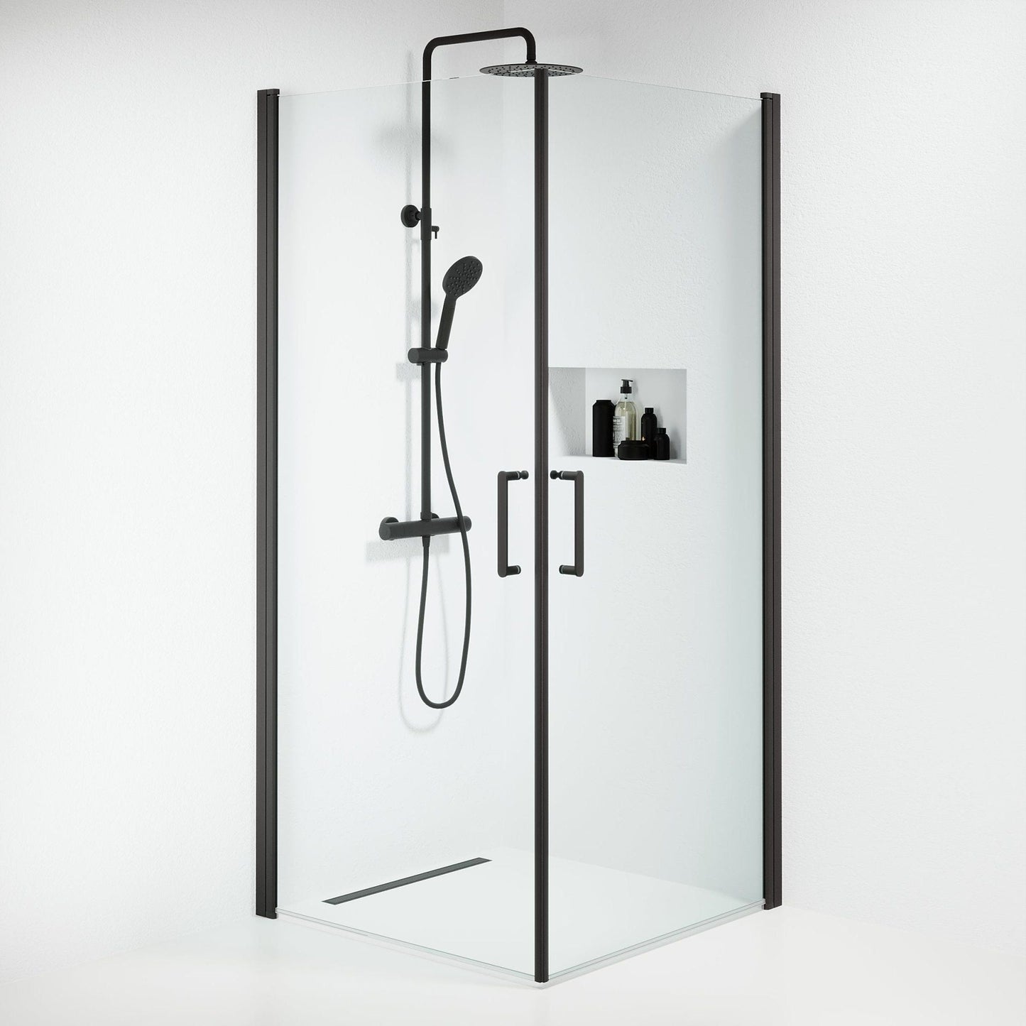 Duschhörna fyrkantig 80x80x195 cm - 6 mm klart nanoglas - svart profil - Sandefjord