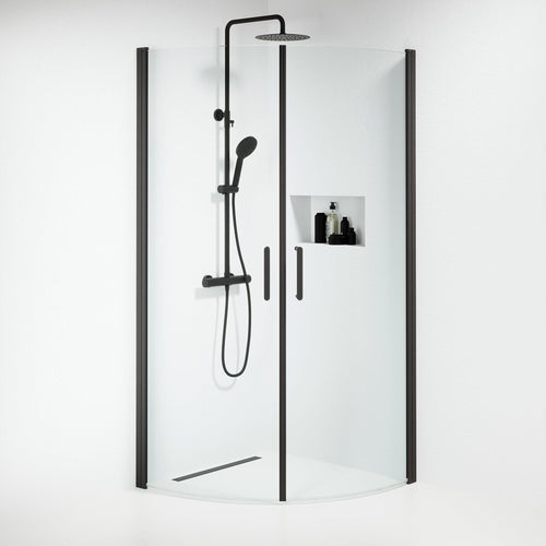 Duschhörna halvrund 90x90x195 cm - 6 mm klart nanoglas - svart profil - Sandefjord