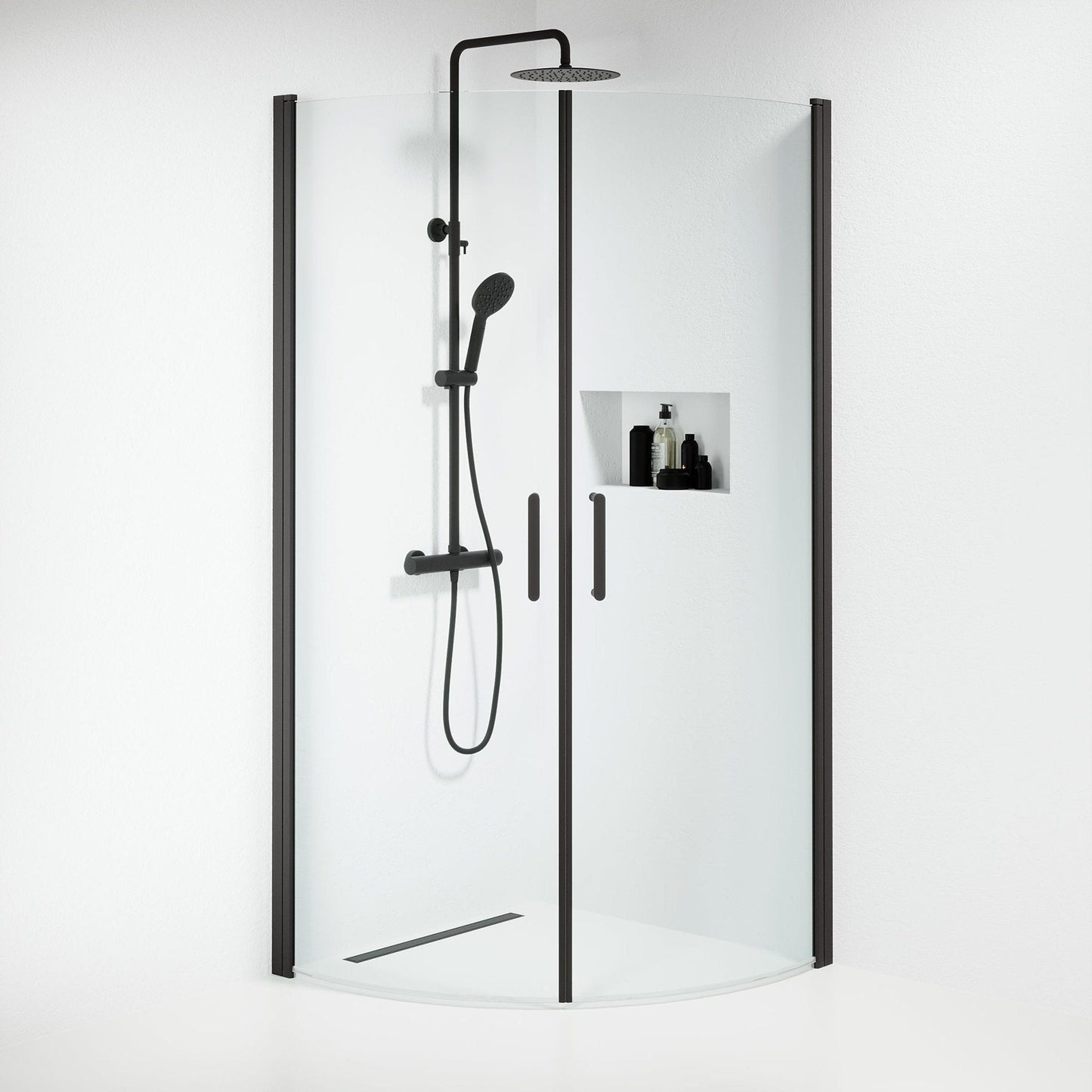 Duschhörna halvrund 90x90x195 cm - 6 mm klart nanoglas - svart profil - Sandefjord