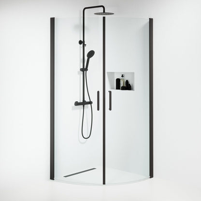 Duschhörna halvrund 90x90x195 cm - 6 mm klart nanoglas - svart profil - Sandefjord