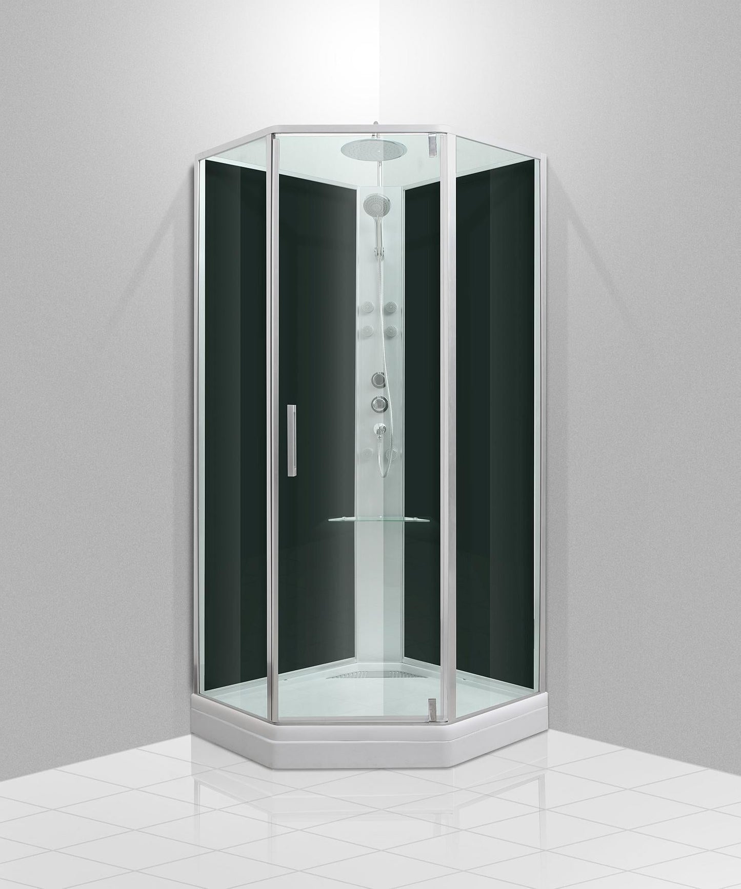 Duschkabin pentagonal - 90x90x220 cm - satinprofiler - klarglas - inkl. blandare och dusch - Marienlyst Premium