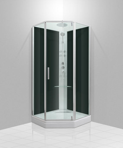 Duschkabin pentagonal - 90x90x220 cm - satinprofiler - klart och svart glas - inkl. blandare och dusch - Marienlyst Premium