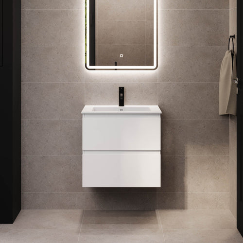 Badrumsmöbel med klassiska integrerade fronter - 60x46x57 cm - mattvit - tvättställ i solid surface - Sifjord