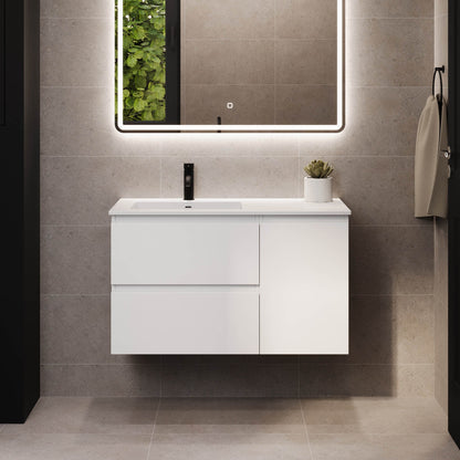 Badrumsmöbel med klassiska integrerade fronter - 60x46x57 cm - mattvit - tvättställ i solid surface - Sifjord