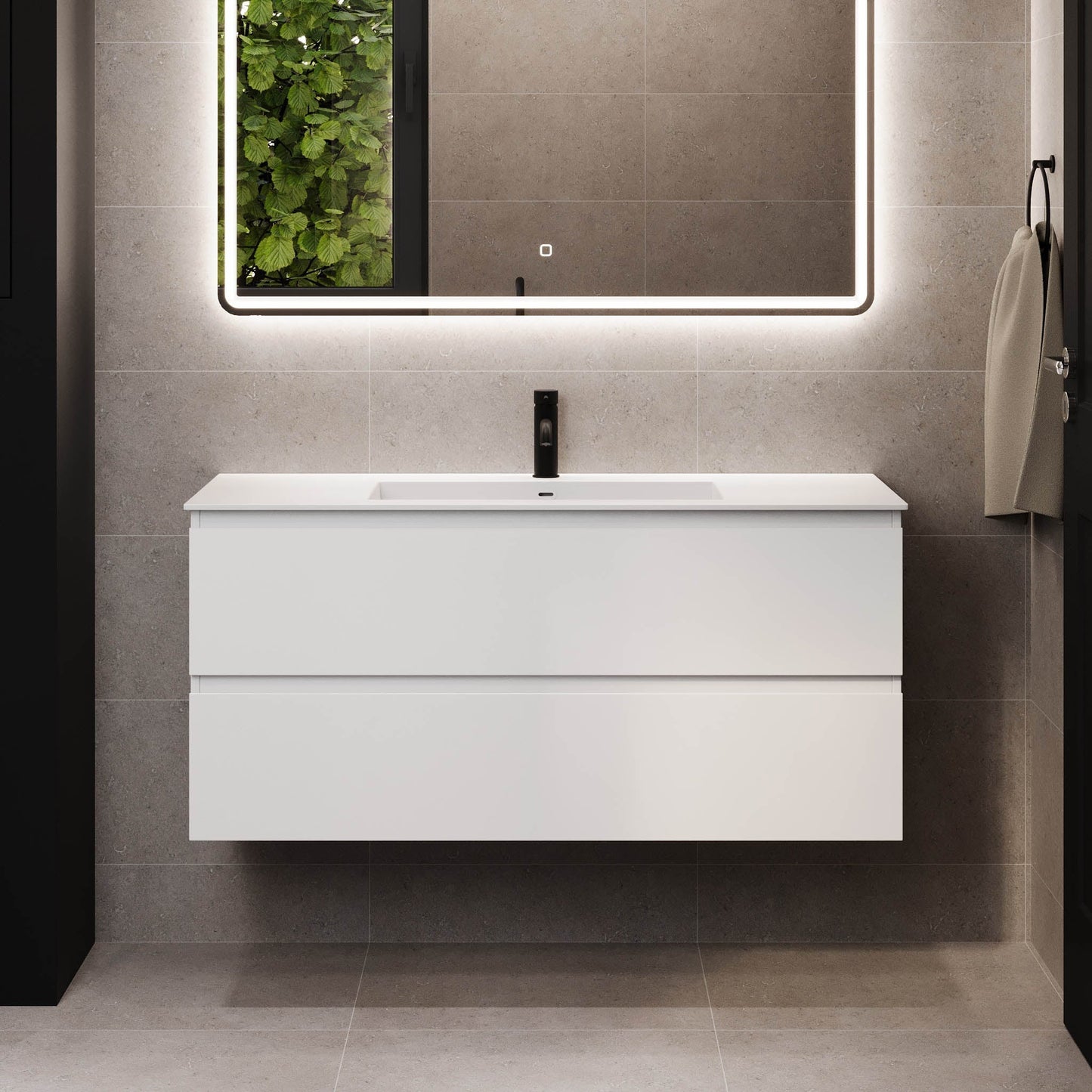 Badrumsmöbel med klassiska integrerade fronter - 60x46x57 cm - mattvit - tvättställ i solid surface - Sifjord