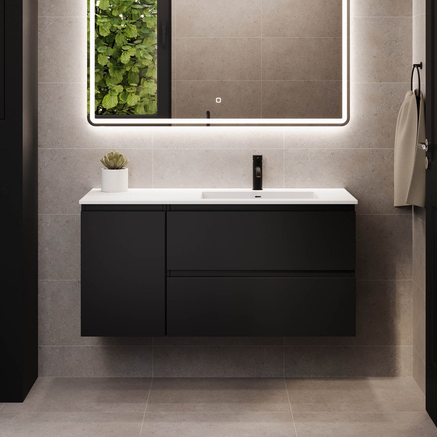 Badrumsmöbel med klassiska integrerade fronter - 60x46x57 cm - mattsvart - tvättställ i solid surface - Sifjord