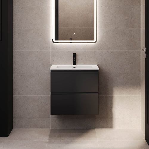 Badrumsmöbel med klassiska integrerade fronter - 60x46x57 cm - mattsvart - tvättställ i solid surface - Sifjord