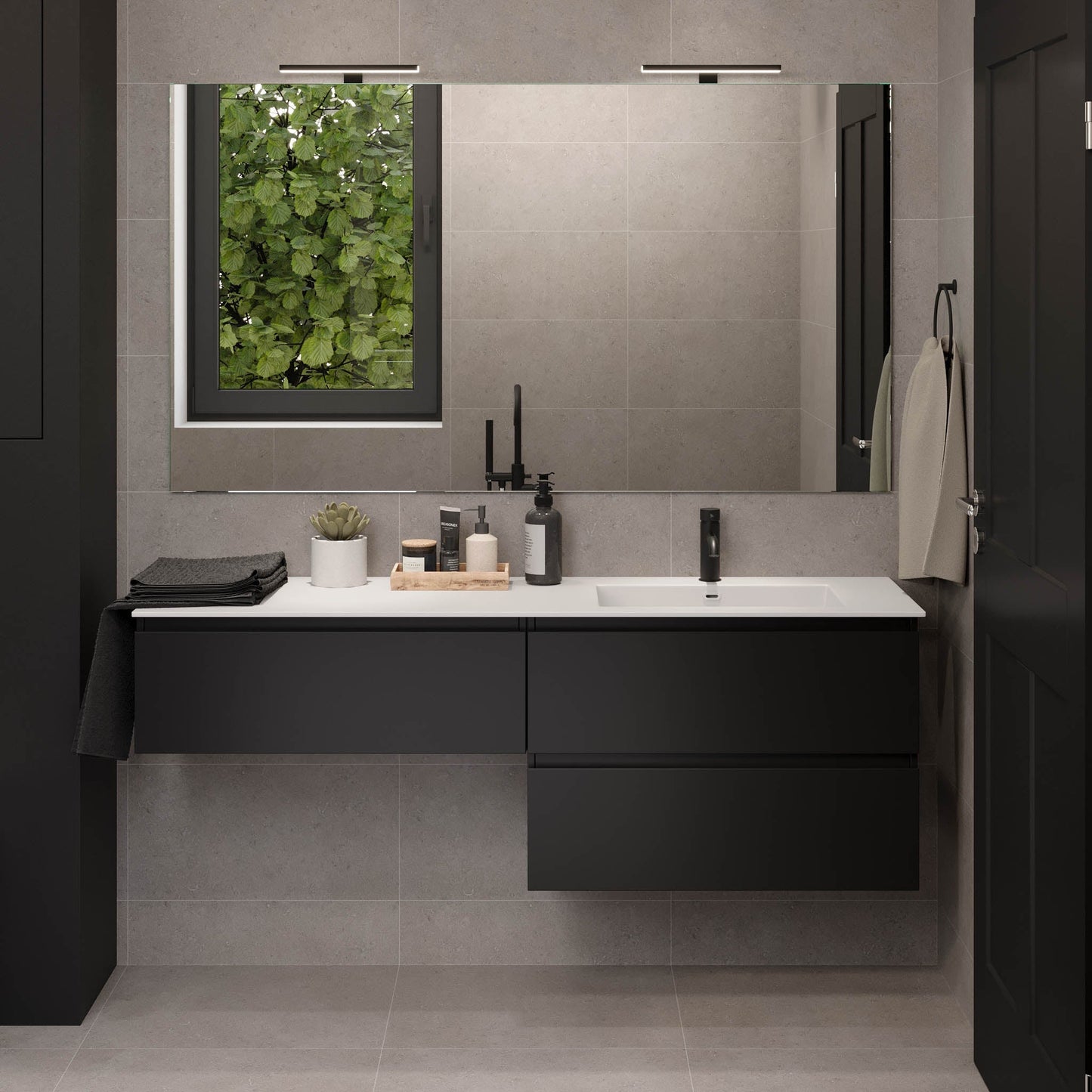 Badrumsmöbel med klassiska integrerade fronter - 95x46x55 cm - mattsvart - vänstervänd tvättställ i solid surface - Sifjord