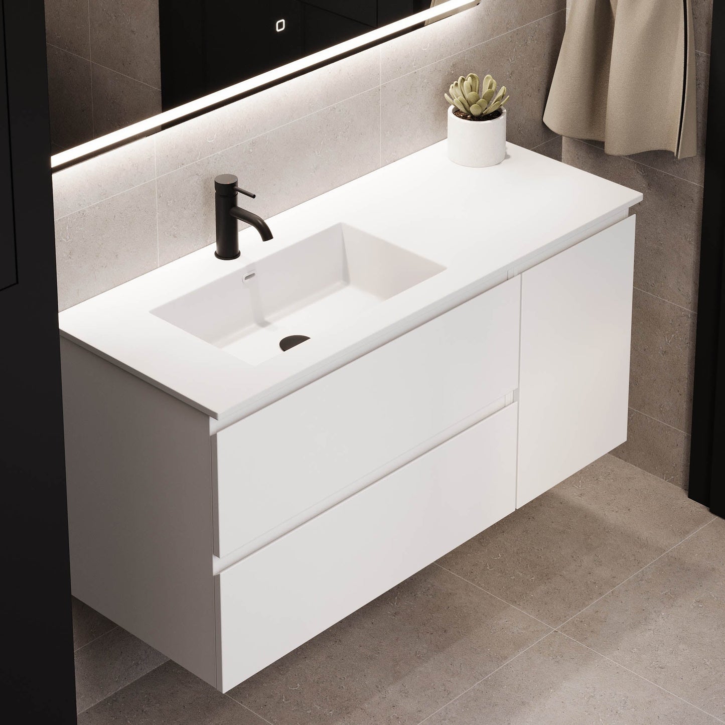 Badrumsmöbel med klassiska integrerade fronter - 95x46x55 cm - mattvit - högervänd tvättställ i solid surface - Sifjord