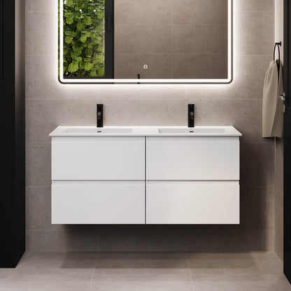 Badrumsmöbel med klassiska integrerade fronter - 95x46x55 cm - mattvit - högervänd tvättställ i solid surface - Sifjord