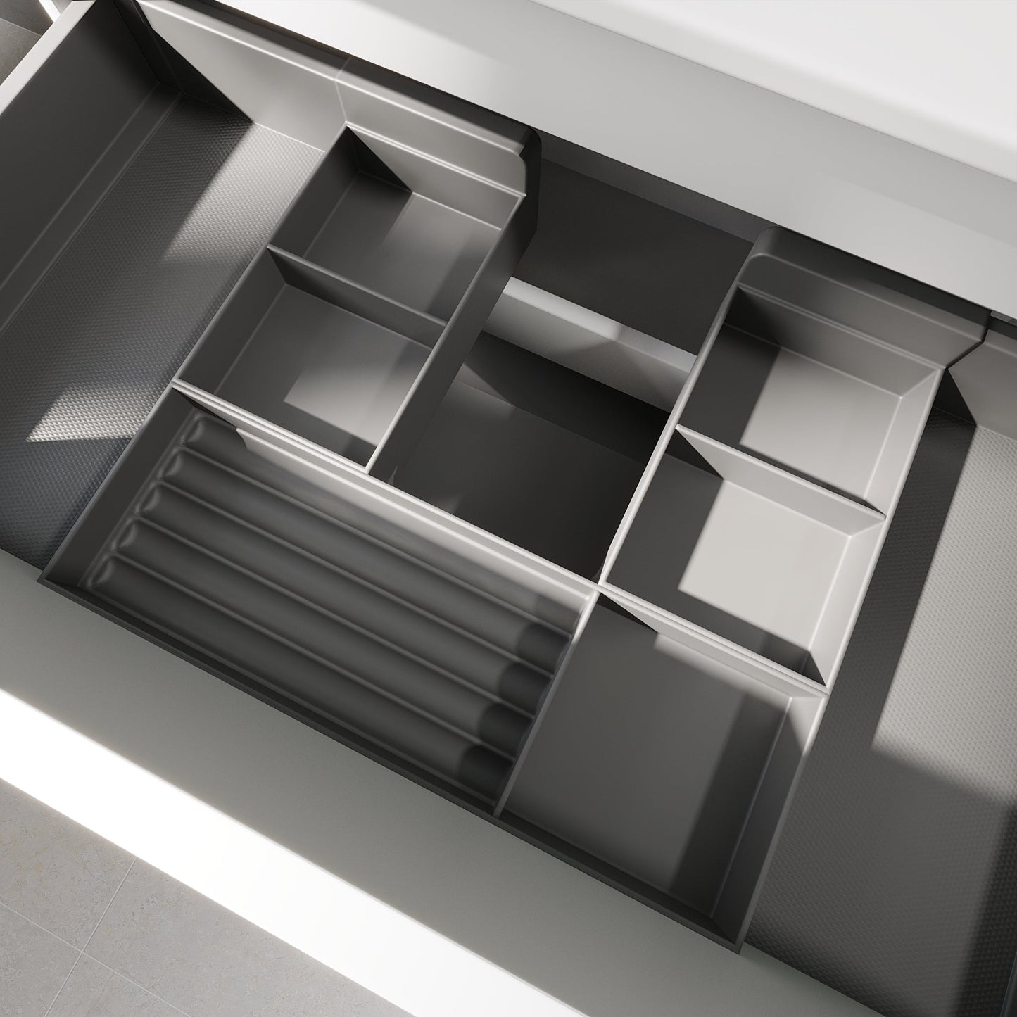 Badrumsmöbel med klassiska integrerade fronter - 95x46x55 cm - mattvit - högervänd tvättställ i solid surface - Sifjord