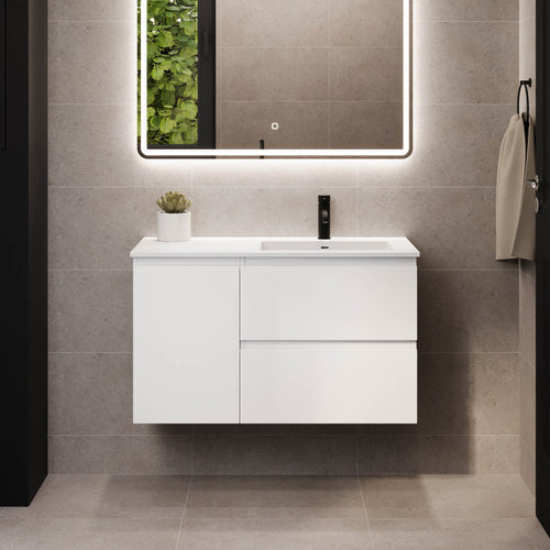 Badrumsmöbel med klassiska integrerade fronter - 95x46x55 cm - mattvit - högervänd tvättställ i solid surface - Sifjord