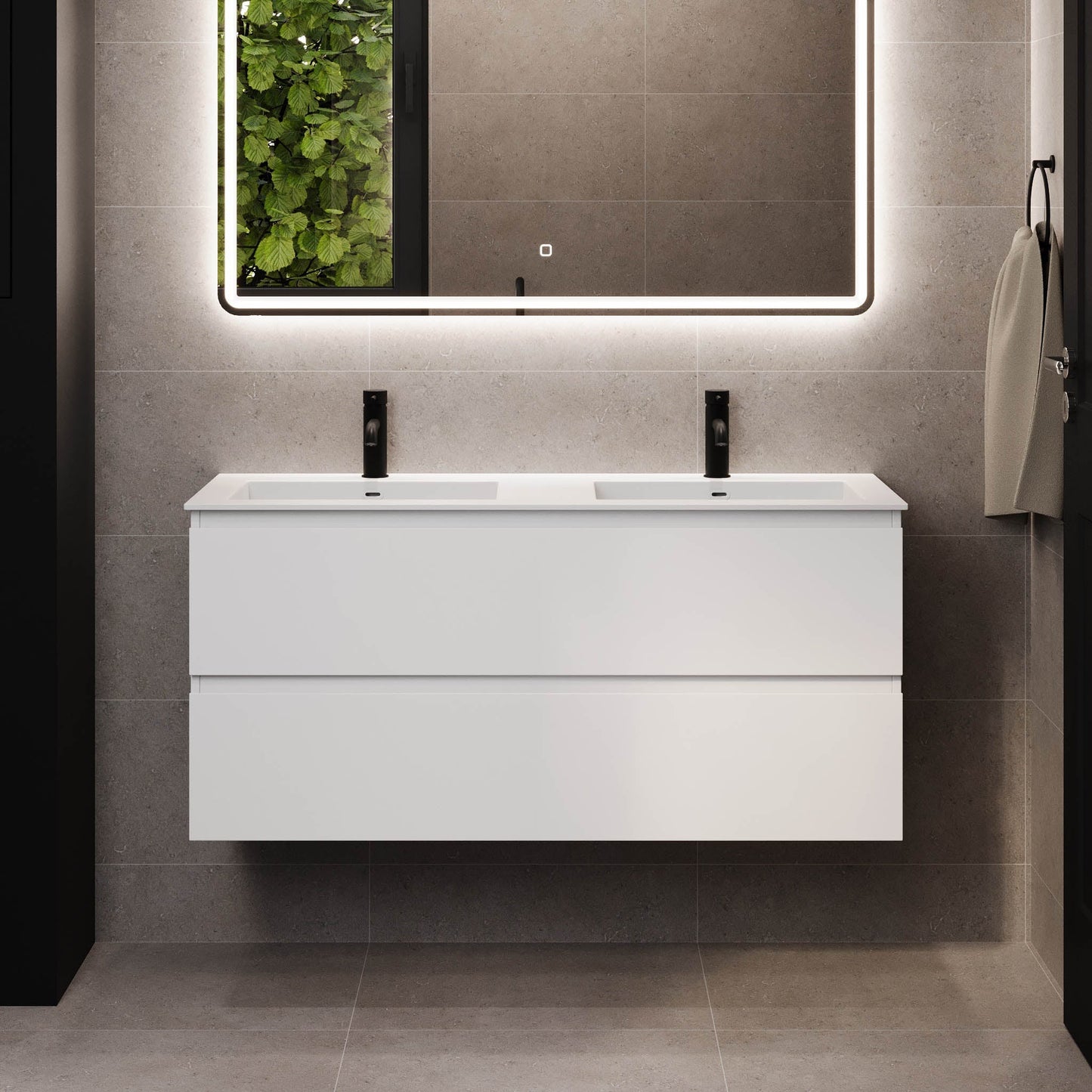 Badrumsmöbel med klassiska integrerade fronter - 100x46x57 cm - mattvit - tvättställ i solid surface - Sifjord