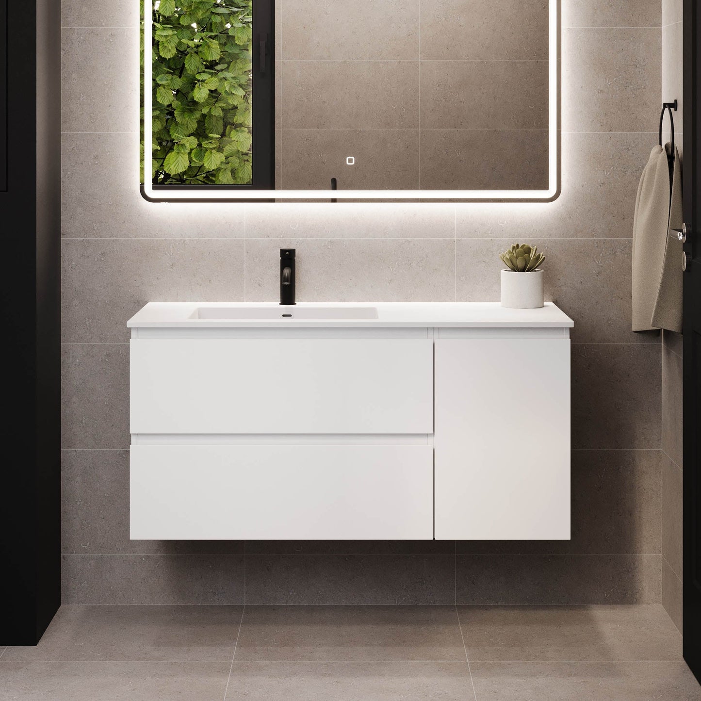 Badrumsmöbel med klassiska integrerade fronter - 100x46x57 cm - mattvit - tvättställ i solid surface - Sifjord