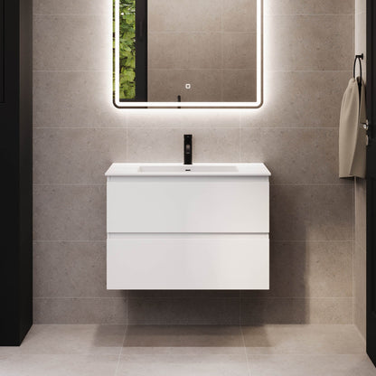 Badrumsmöbel med klassiska integrerade fronter - 100x46x57 cm - mattvit - tvättställ i solid surface - Sifjord
