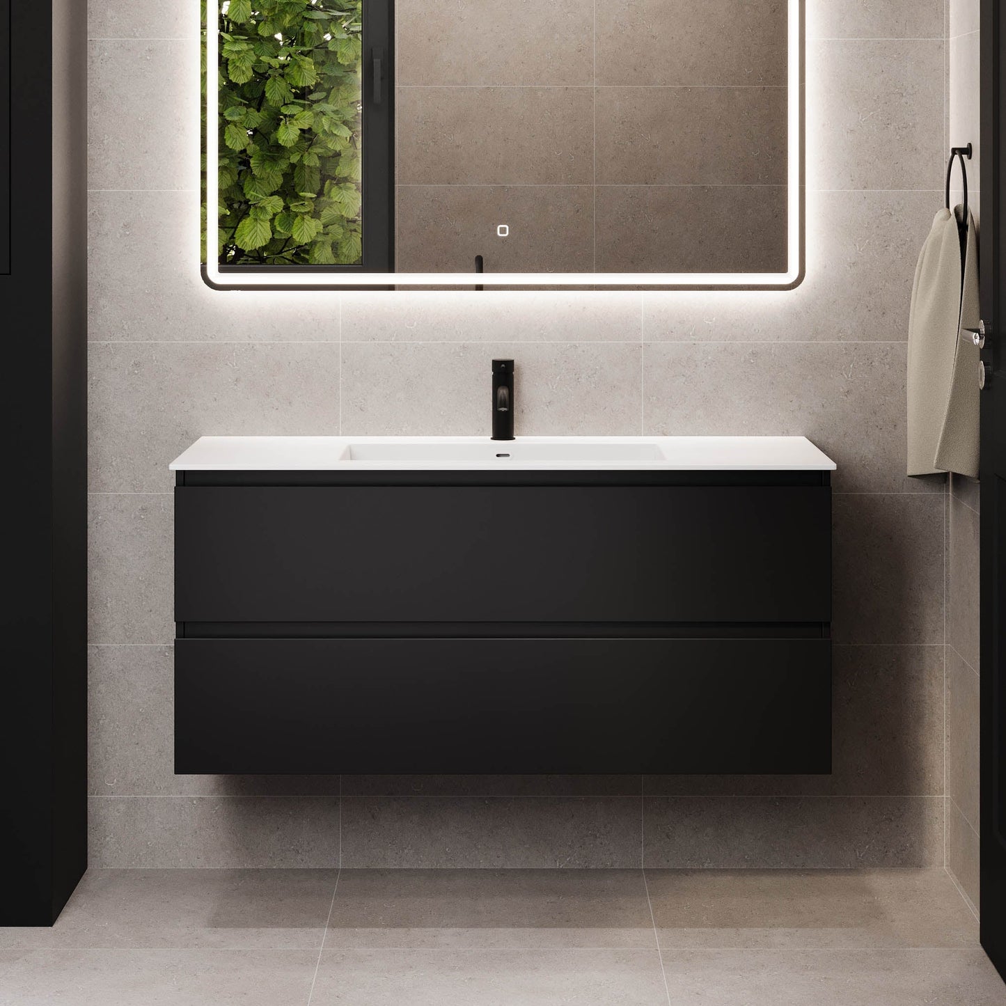 Badrumsmöbel med klassiska integrerade fronter - 100x46x57 cm - mattsvart - tvättställ i solid surface - Sifjord