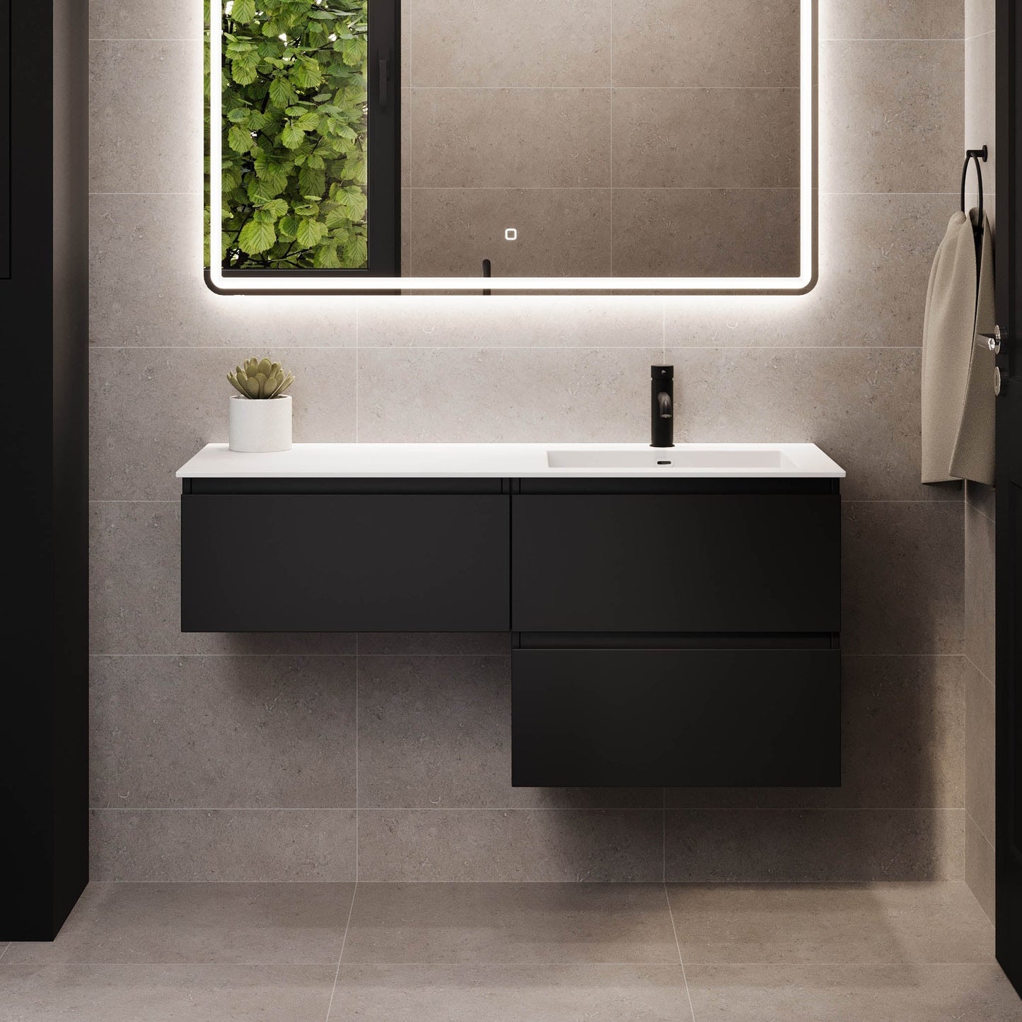 Badrumsmöbel med klassiska integrerade fronter - 100x46x57 cm - mattsvart - tvättställ i solid surface - Sifjord