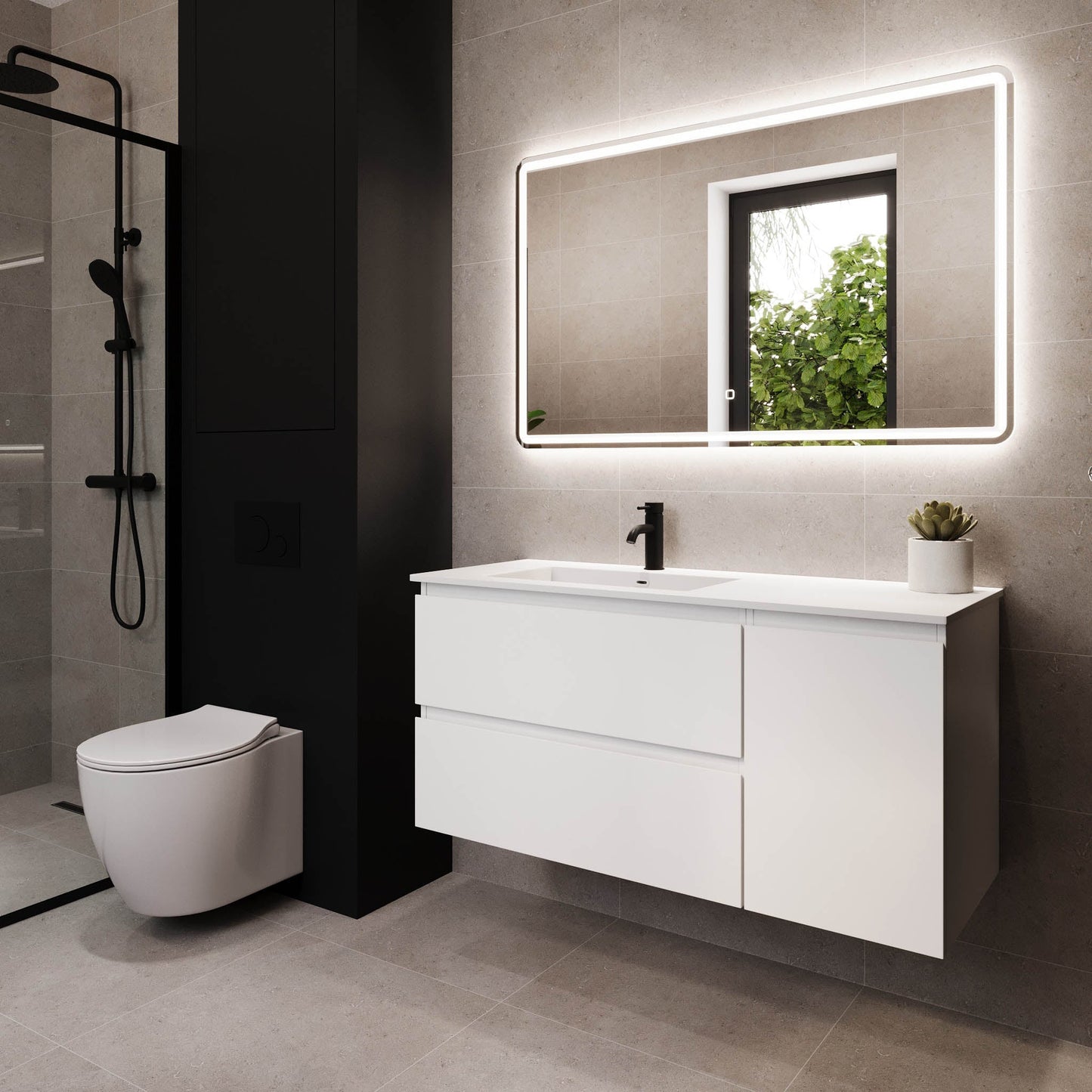 Badrumsmöbel med klassiska integrerade fronter - 115x46x55 cm - mattvit - vänstervänd tvättställ i solid surface - Sifjord