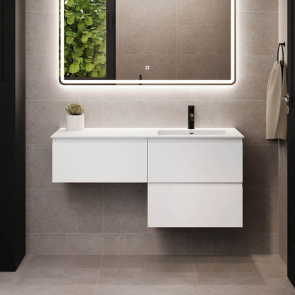 Badrumsmöbel med klassiska integrerade fronter - 115x46x55 cm - mattvit - vänstervänd tvättställ i solid surface - Sifjord
