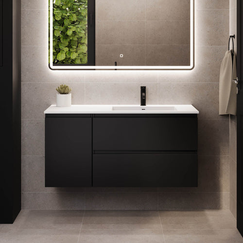 Badrumsmöbel med klassiska integrerade fronter - 115x46x55 cm - mattsvart - högervänd tvättställ med solid surface - Sifjord