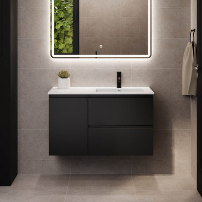 Badrumsmöbel med klassiska integrerade fronter - 115x46x55 cm - mattsvart - högervänd tvättställ med solid surface - Sifjord
