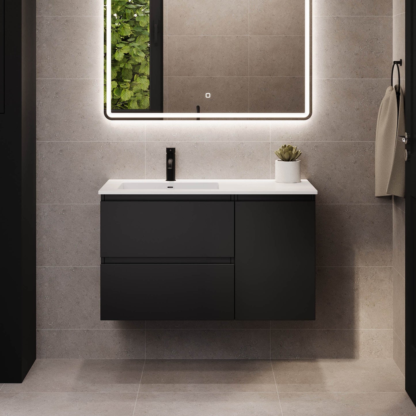 Badrumsmöbel med klassiska integrerade fronter - 115x46x55 cm - mattsvart - högervänd tvättställ med solid surface - Sifjord