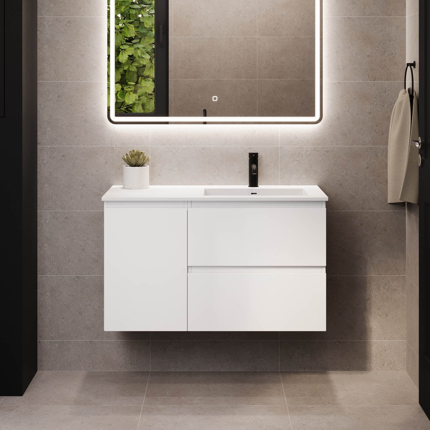 Badrumsmöbel med klassiska integrerade fronter - 120x46x57 cm - matt vit - tvättställ i solid surface - Sifjord