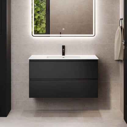 Badrumsmöbel med klassiska integrerade fronter - 120x46x57 cm - mattsvart - singel tvättställ i solid surface - Sifjord