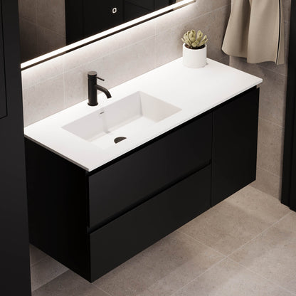 Badrumsmöbel med klassiska integrerade fronter - 120x46x57 cm - mattsvart - dubbelt tvättställ i solid surface - Sifjord