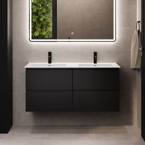Badrumsmöbel med klassiska integrerade fronter - 120x46x57 cm - mattsvart - dubbelt tvättställ i solid surface - Sifjord
