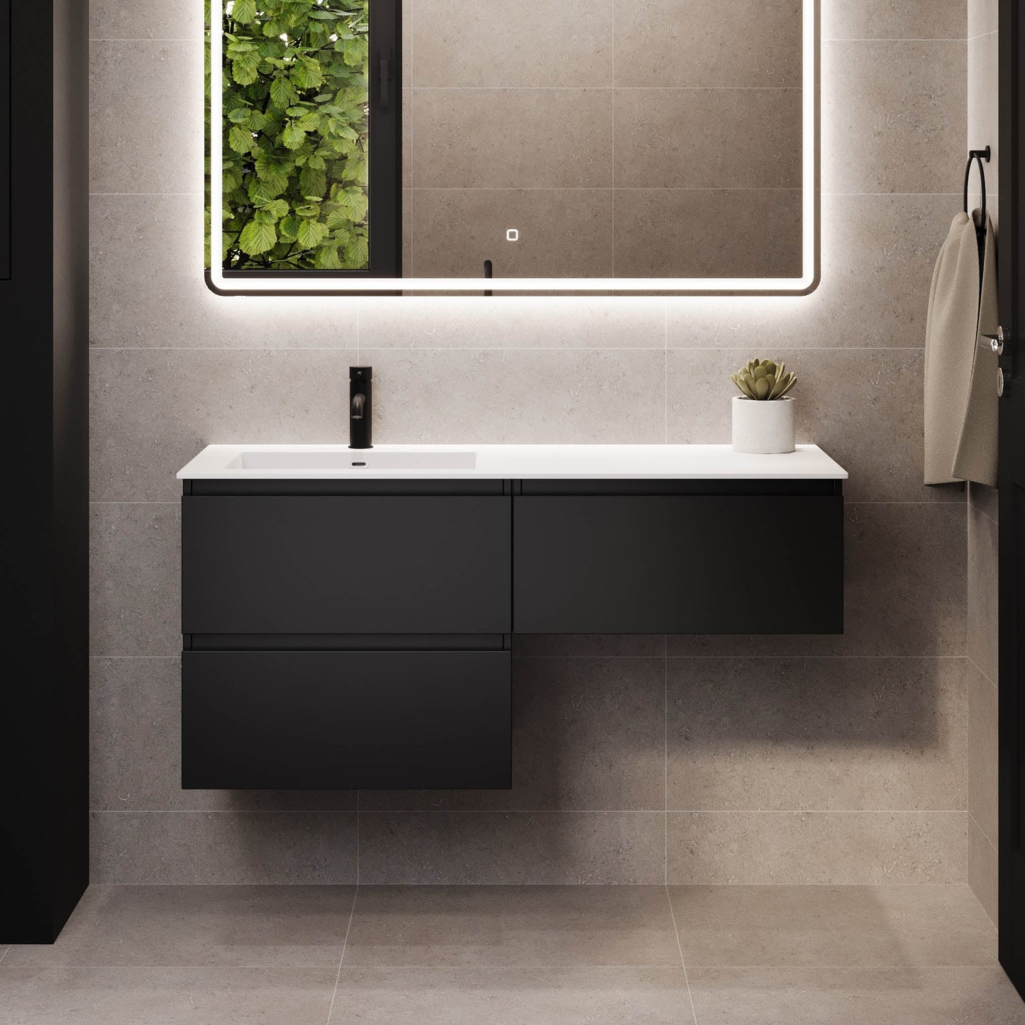Badrumsmöbel med klassiska integrerade fronter - 160x46x57 cm - mattsvart - dubbelt tvättställ i solid surface - Sifjord