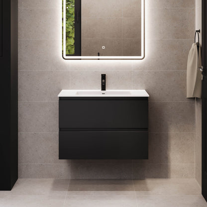 Badrumsmöbel med klassiska integrerade fronter - 160x46x57 cm - mattsvart - dubbelt tvättställ i solid surface - Sifjord