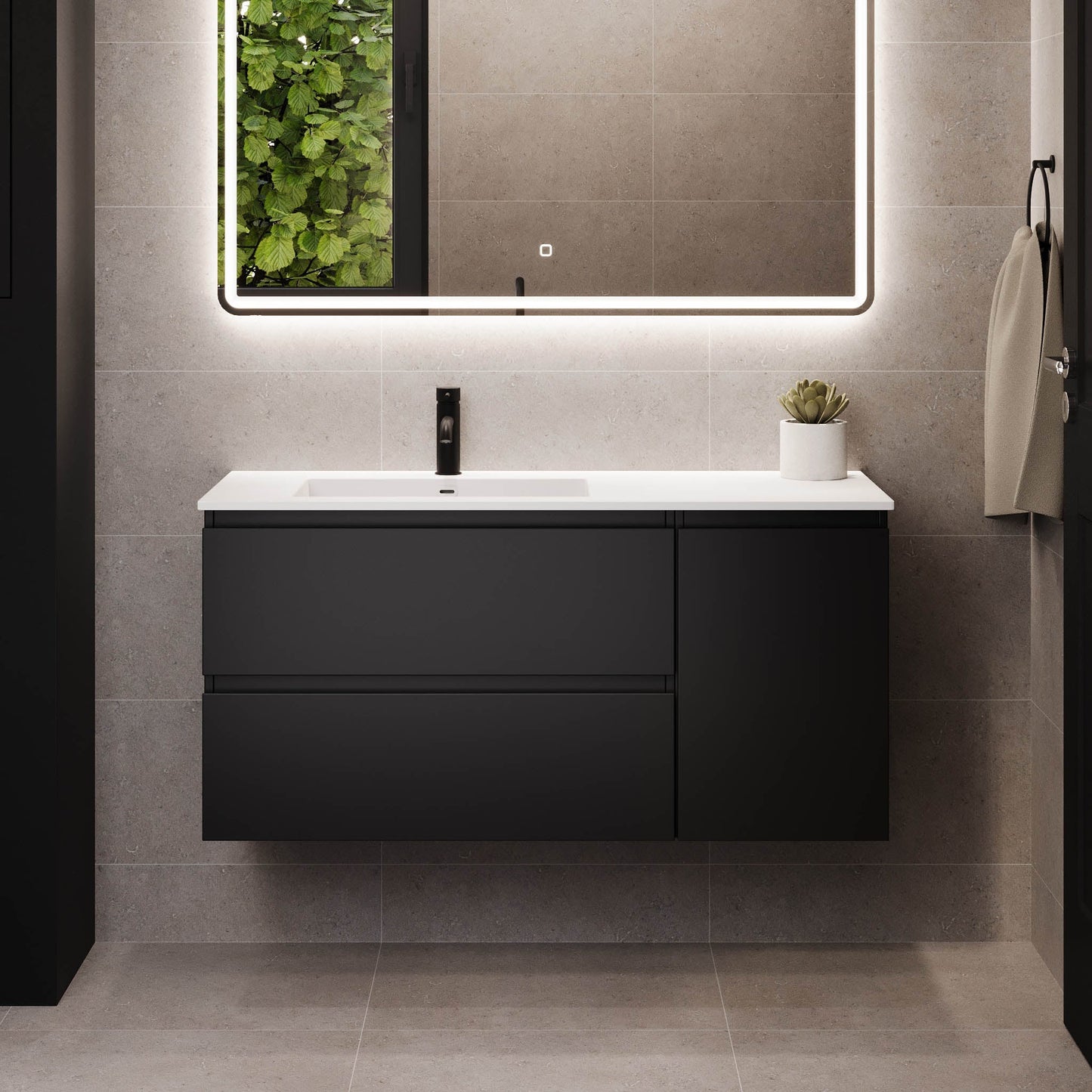 Badrumsmöbel med klassiska integrerade fronter - 160x46x57 cm - mattsvart - dubbelt tvättställ i solid surface - Sifjord
