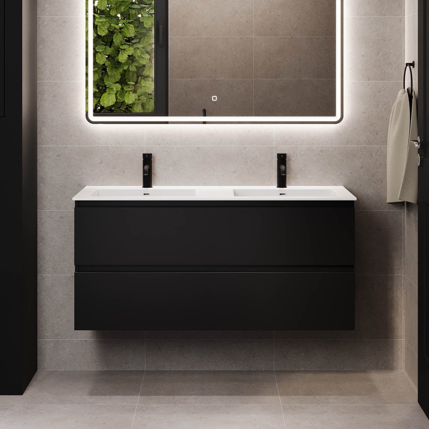 Badrumsmöbel med klassiska integrerade fronter - 200x46x55 cm - mattsvart - dubbelt tvättställ i solid surface - Sifjord