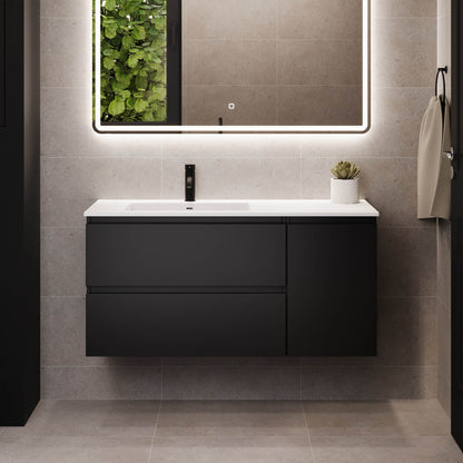 Badrumsmöbel med klassiska integrerade fronter - 200x46x55 cm - mattsvart - dubbelt tvättställ i solid surface - Sifjord