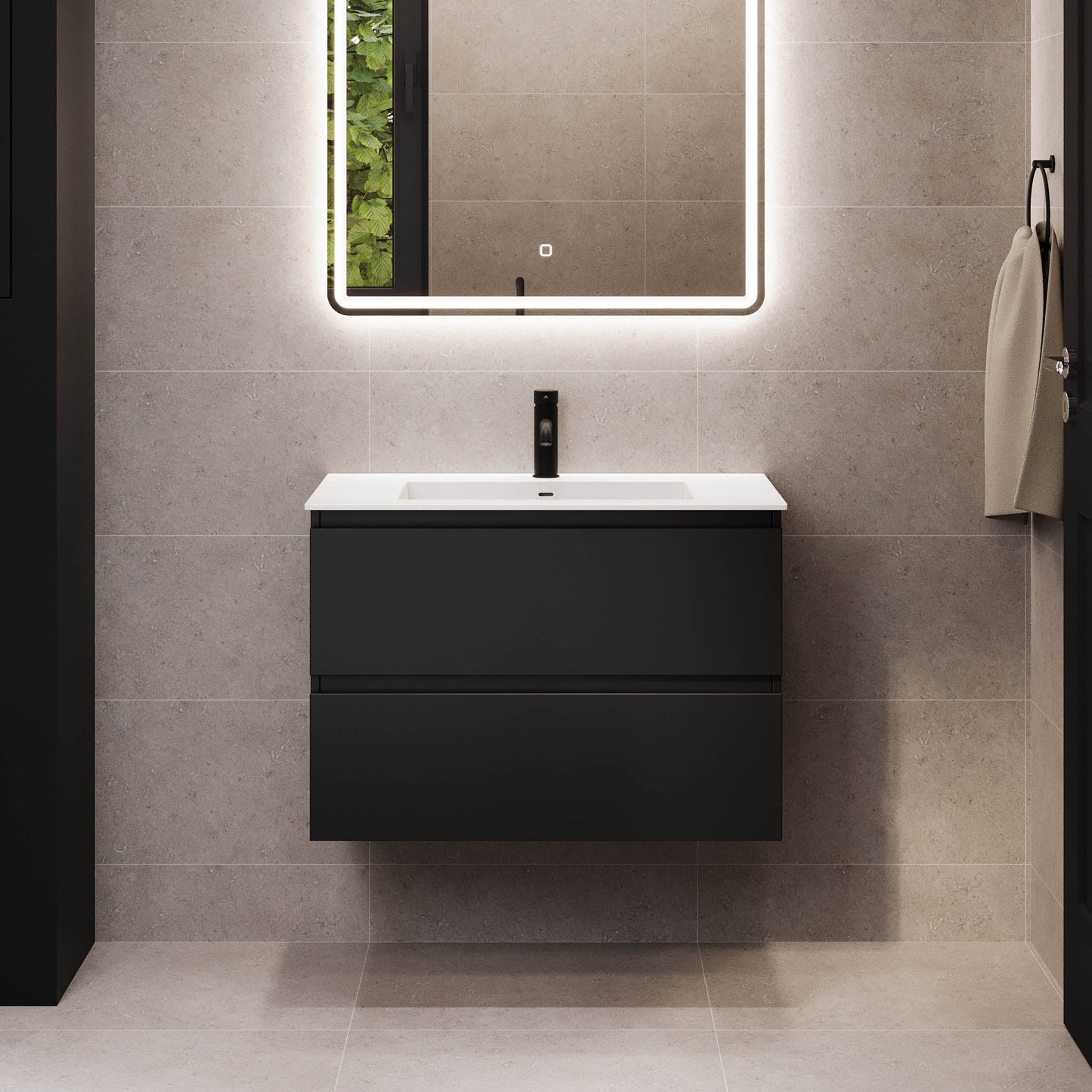 Badrumsmöbel med klassiska integrerade fronter - 200x46x55 cm - mattsvart - dubbelt tvättställ i solid surface - Sifjord