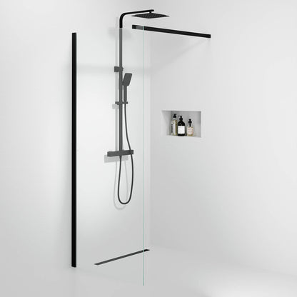 Fast duschvägg med stabiliseringsstag 90x195 cm - 5 mm klart nanoglas - svart profil - Sandefjord