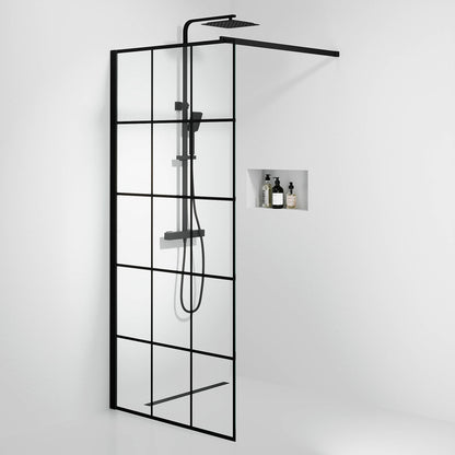 Fast duschvägg med stabiliseringsstag 90x195 cm - 5 mm klart nanoglas med svarta stänger - svart profil - Sandefjord