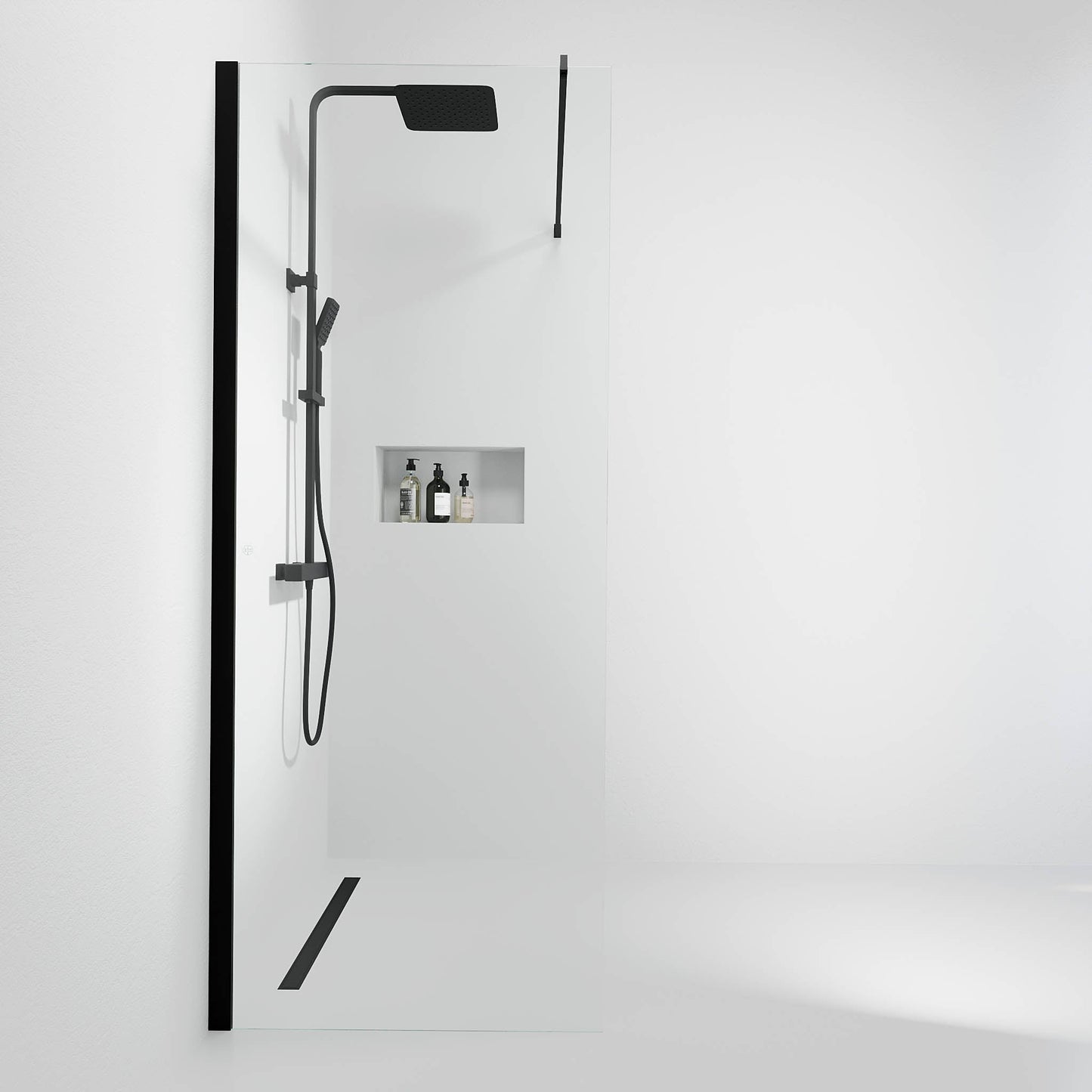 Fast duschvägg med stabiliseringsstag 80x195 cm - 5 mm klart nanoglas - svart profil - Sandefjord