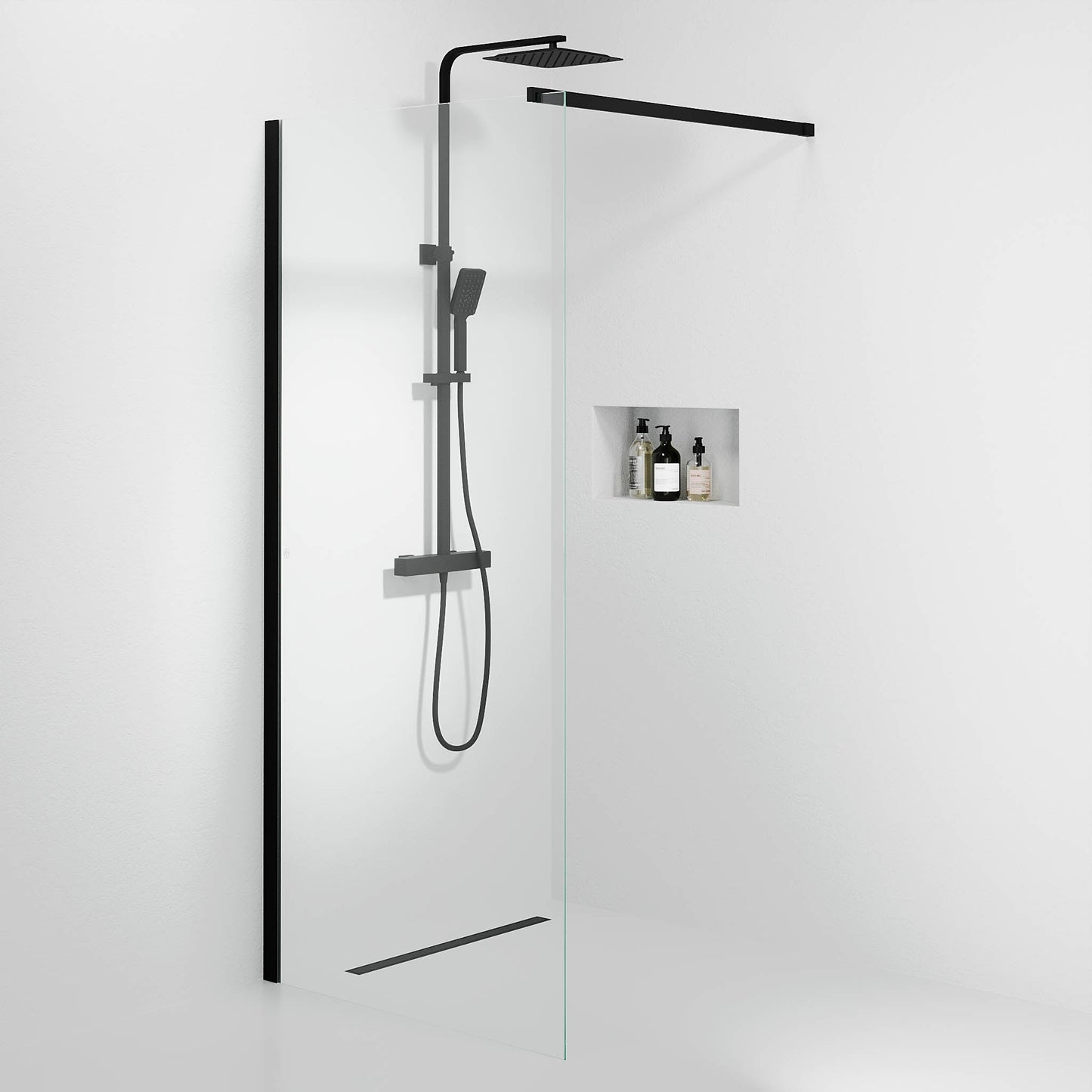 Fast duschvägg med stabiliseringsstag 80x195 cm - 5 mm klart nanoglas - svart profil - Sandefjord