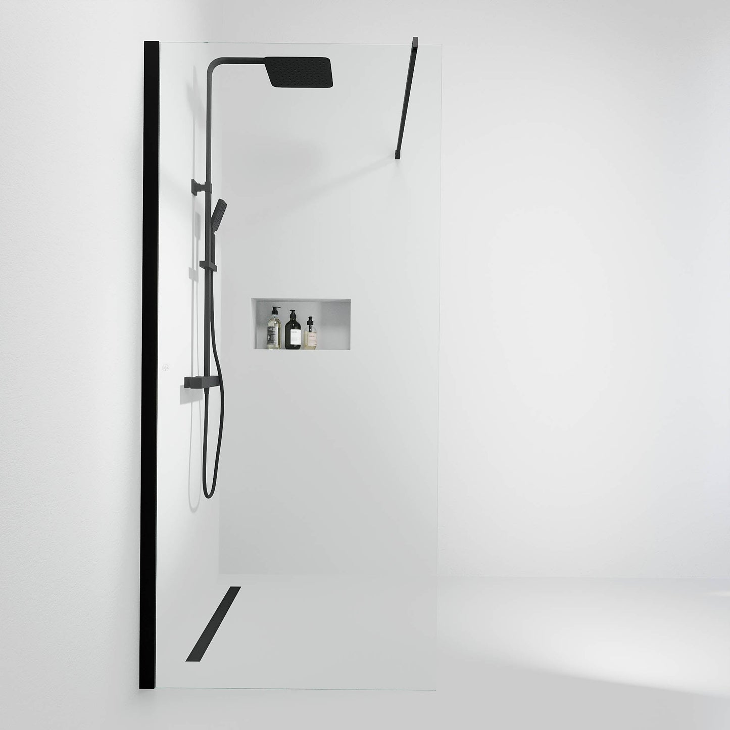 Fast duschvägg med stabiliseringsstag 80x195 cm - 5 mm klart nanoglas - svart profil - Sandefjord