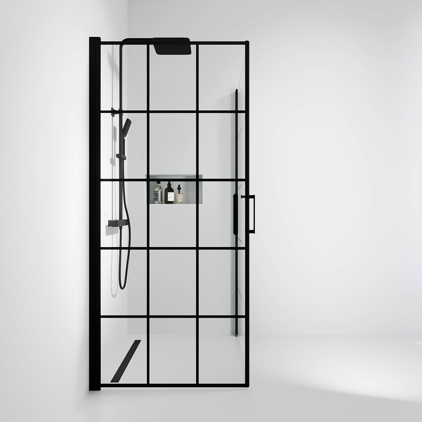 Duschhörna fyrkantig 90x90x195 cm - 5 mm klart nanoglas med svarta spröjs - svart profil - Sandefjord