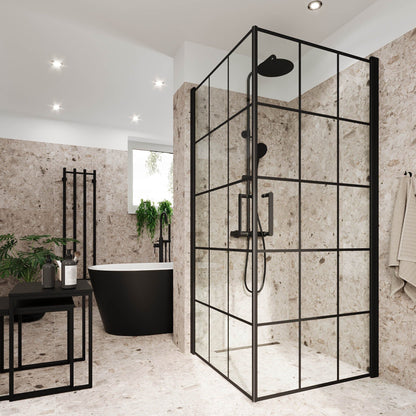 Duschhörna fyrkantig 90x90x195 cm - 5 mm klart nanoglas med svarta spröjs - svart profil - Sandefjord
