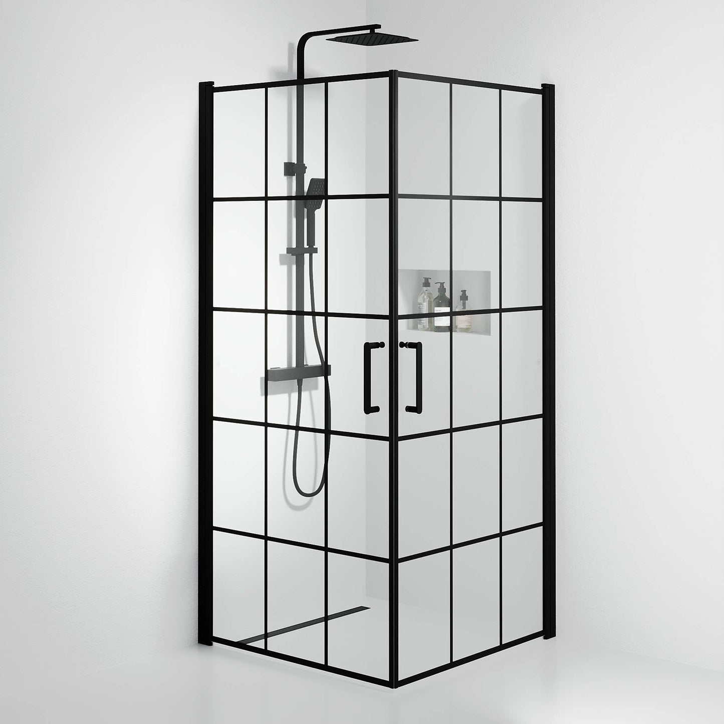 Duschhörna fyrkantig 90x90x195 cm - 5 mm klart nanoglas med svarta spröjs - svart profil - Sandefjord