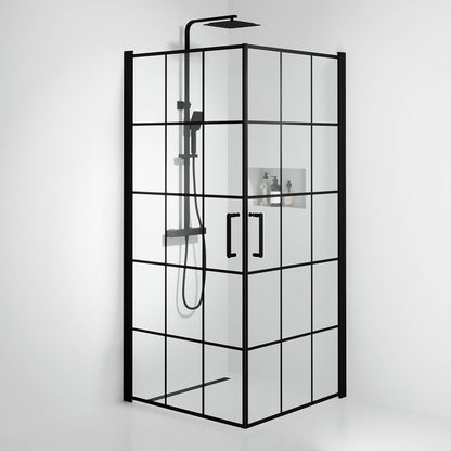 Duschhörna fyrkantig 90x90x195 cm - 5 mm klart nanoglas med svarta spröjs - svart profil - Sandefjord