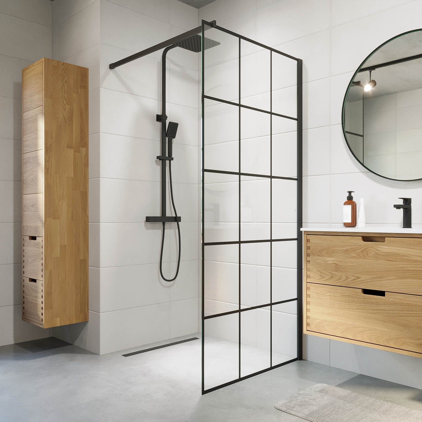 Duschhörna fyrkantig 90x90x195 cm - 5 mm klart nanoglas med svarta spröjs - svart profil - Sandefjord