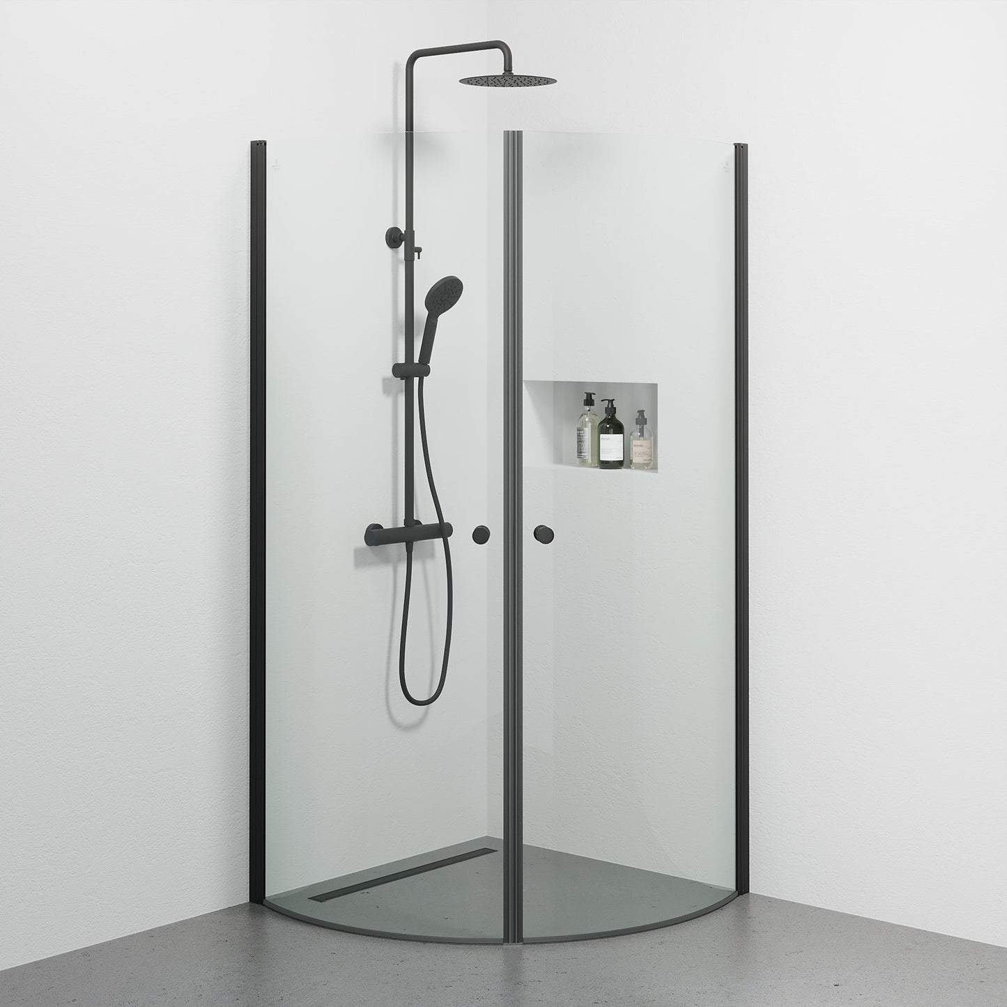 Duschhörna halvrund 90x90x190 cm - 5 mm klarglas - svart profil - Tulsa