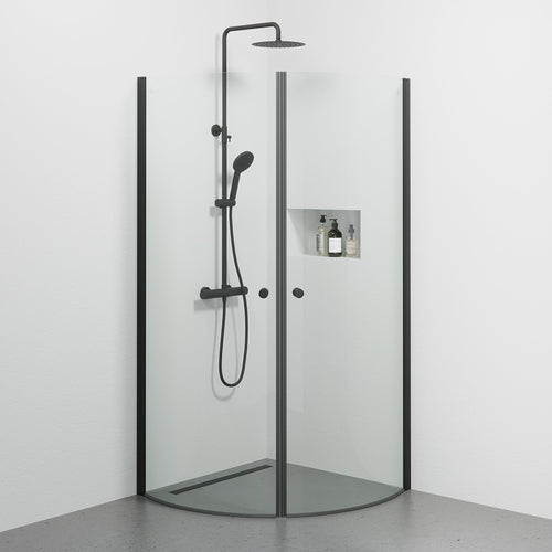 Duschhörna halvrund 90x90x190 cm - 5 mm klarglas - svart profil - Tulsa