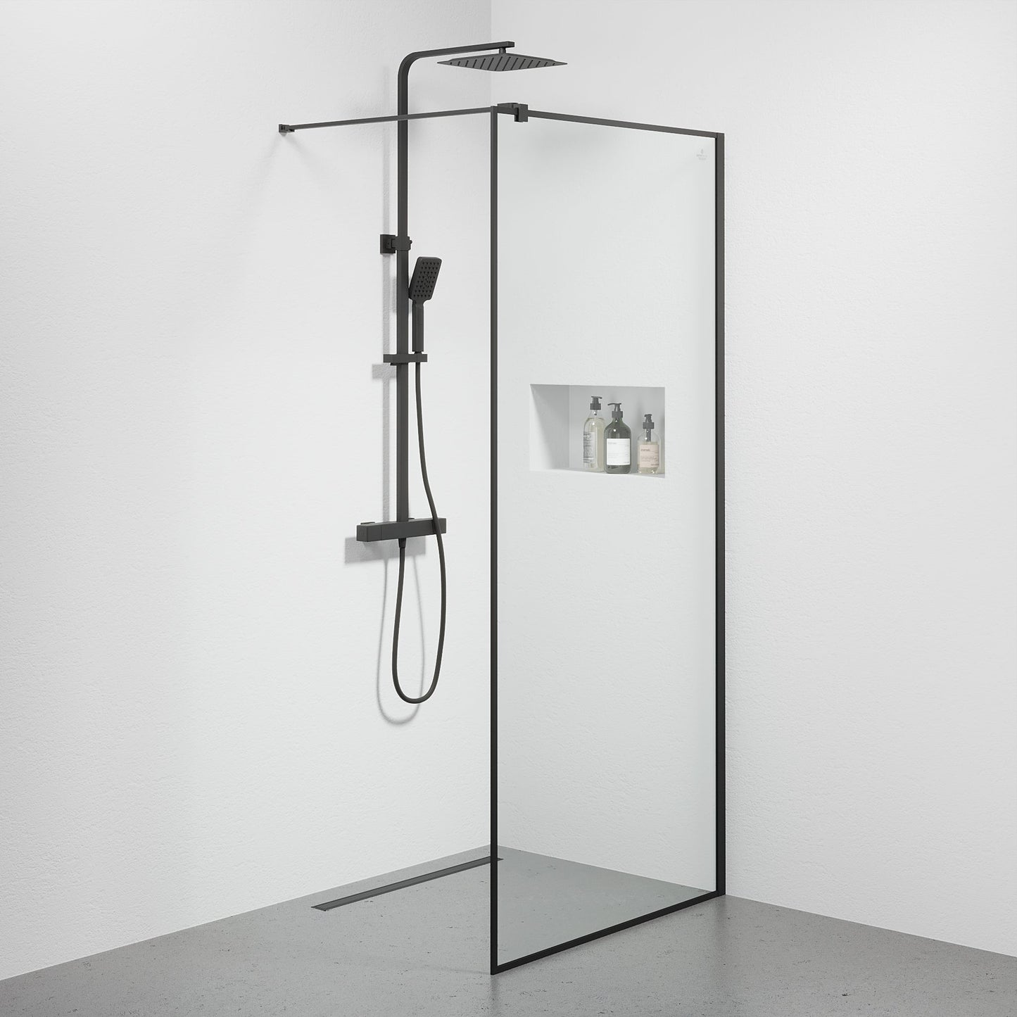 Fast duschvägg med stabiliseringsstag 90x190 cm - 5 mm klarglas - svart profil - Tulsa