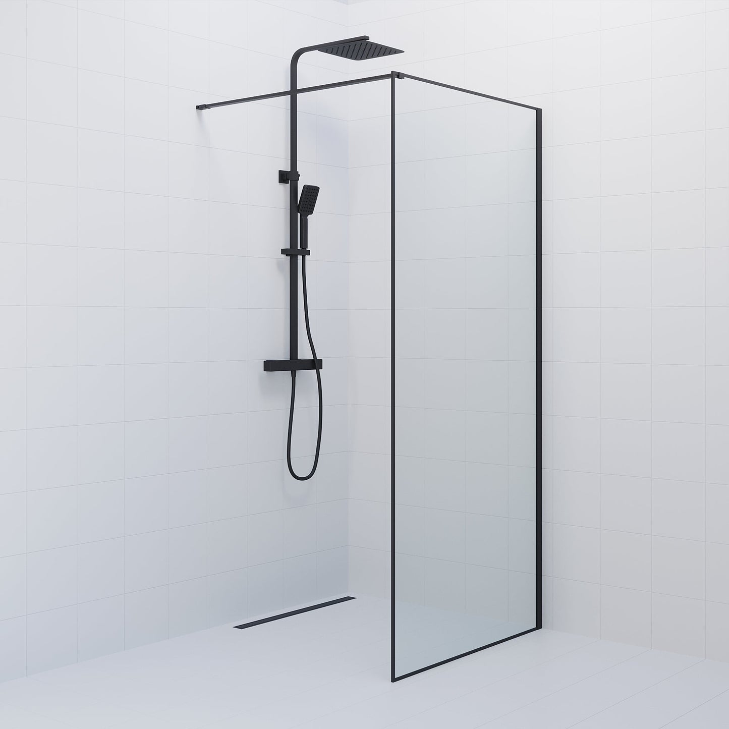 Fast duschvägg med stabiliseringsstag 90x190 cm - 5 mm klarglas - svart profil - Tulsa